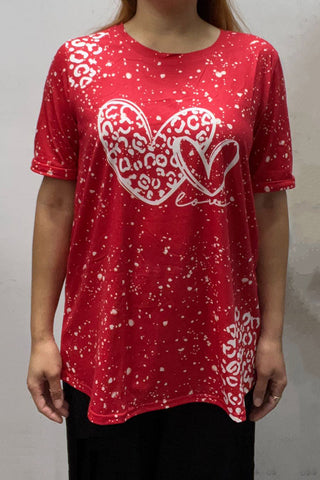 DLH14598 Leopard hearts printed red short sleeve women top