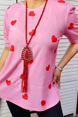 DLH14693 Red hearts printed pink short sleeve top