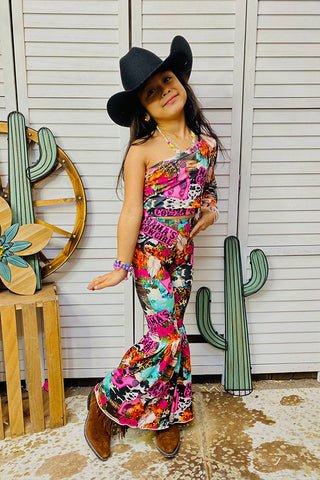 DLH2327 MAMAS COWGIRL printed crop top & bell bottoms girl set