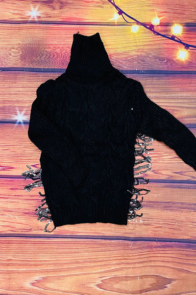 DLH2517 Black girls knit sweater w/sequin fringe for children