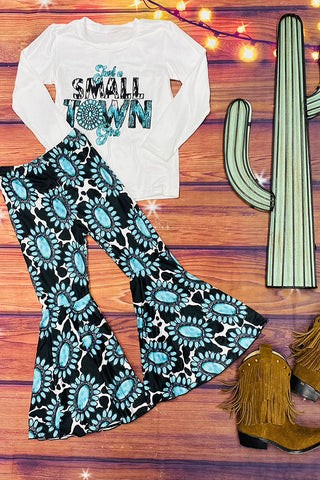 DLH2621 Kids "Just a SMALL TOWN Girl" printed top & Jewel & cow bell bottoms 2pc girls sets