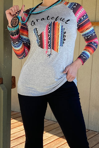 DLH7953 Grateful " Gray long sleeve top w/Aztec printed turkey