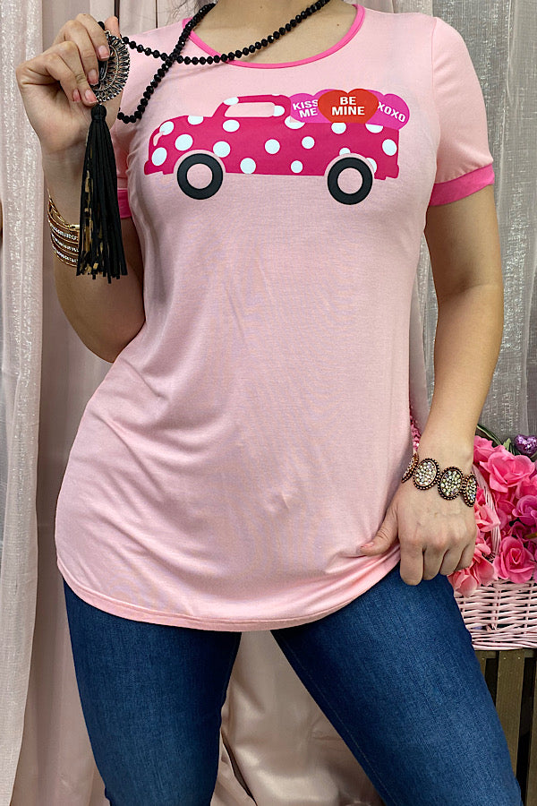 DLH8848 Valentines day pink/white polka dot truck w hearts printed t-shirt