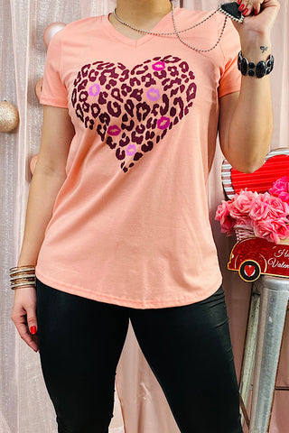 DLH9000  Baby pink leopard printed heart t-shirt