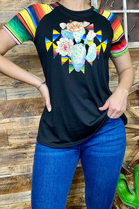 DLH9114  Black/serape top w cactus print