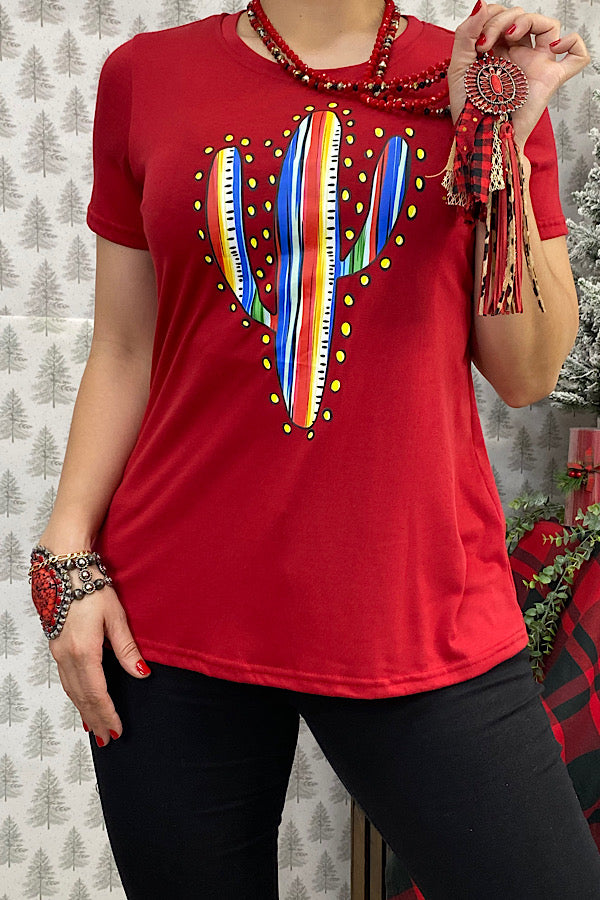 DLH9628 Red top w/ multicolor printed cactus