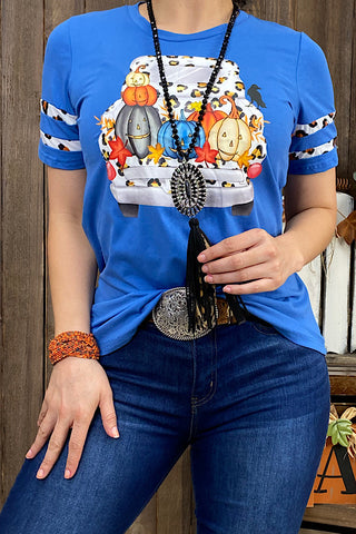 DLH9901 Blue Truck & pumpkin printed short sleeve top