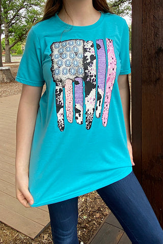 Dlh10860 Blue t-shirt w/multi cow & jewel printed usa flag