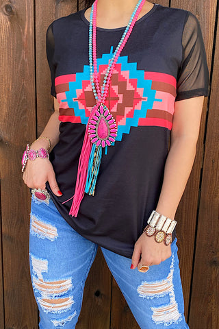 XCH12978 Black Aztec top w/mesh short sleeves