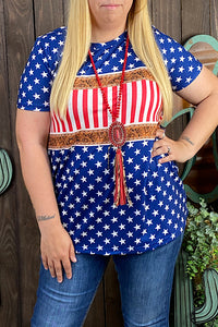 XCH12294 Stars USA tooled printed short sleeve top