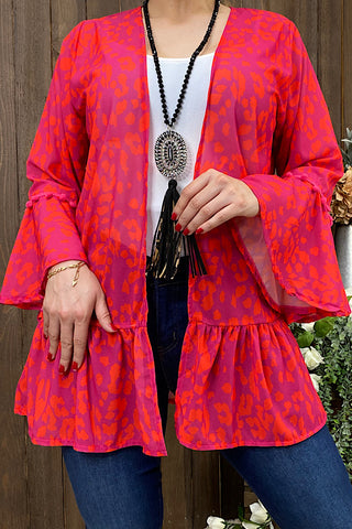 FW10585 Fuchsia & orange leopard printed shear kimono