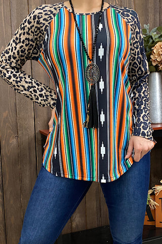 FW9507 Serape top w/leopard printed long sleeves