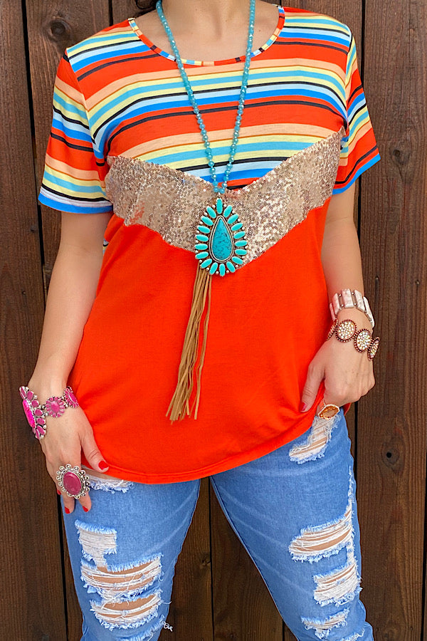 FW9812 Orange/striped short sleeve top w/sequin