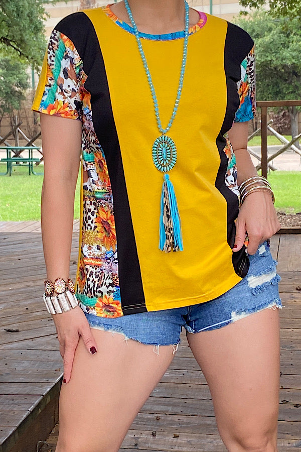 GJQ10664 Yellow/turquoise & leopard sunflower printed top