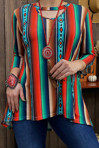 GJQ10848 Multi color serape 3/4 sleeve top w/key whole neckline