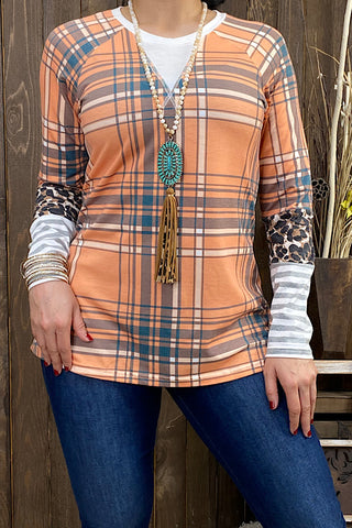 GJQ11812 Orange plaid printed long sleeve top w/leopard & striped sleeves