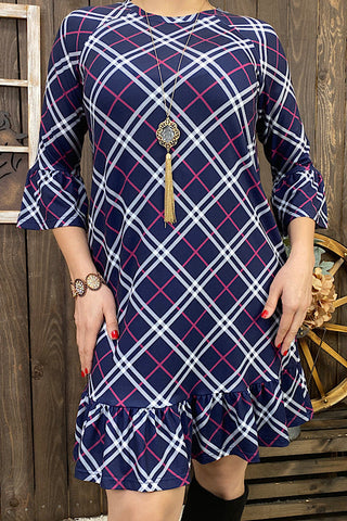 GJQ12130 Navy blue & purple plaid printed 3/4 sleeve ruffle dress