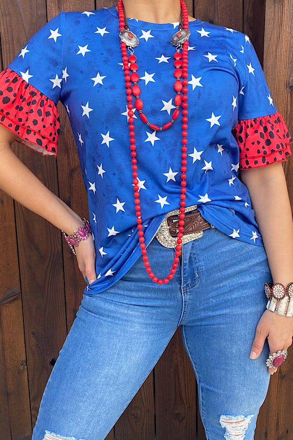 GJQ12357 Blue star printed blouse w/red leopard ruffle sleeves