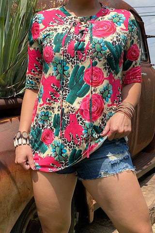 GJQ12940 Hot pink Horse rider, cactus & concho printed short sleeve top