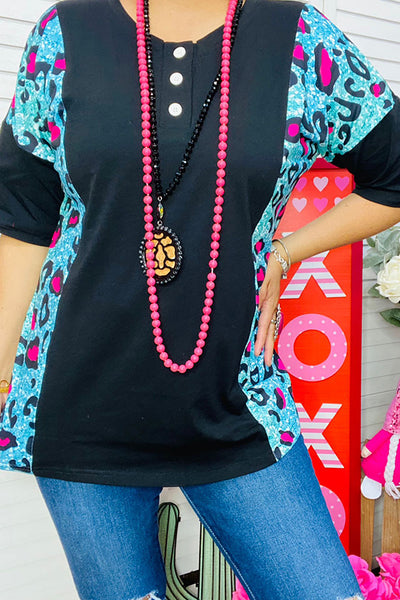GJQ14587 Pink & turquoise leopard & black colorblock short sleeve top
