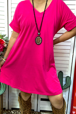 GJQ14591-1 Hot-pink women dress with short sleeve and v-neckline