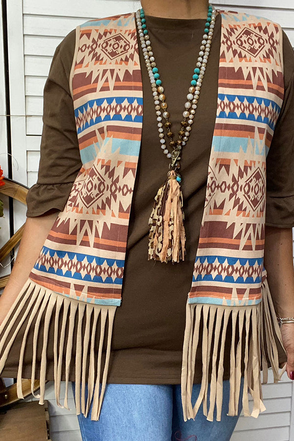 GJQ14610 Aztec printed sleeveless vest w/fringe