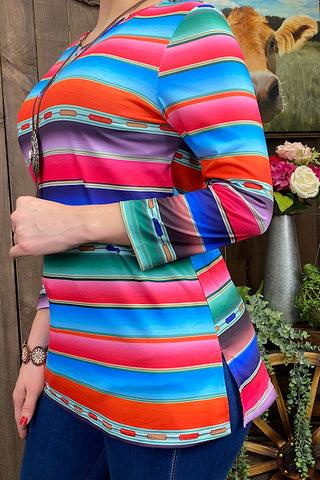 GJQ7991 Multi-color serape  3/4 sleeve top w/keyhole neckline