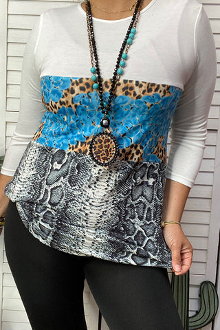 GJQ8182 Snake skin/leopard turquoise rock printed 3/4 sleeve top