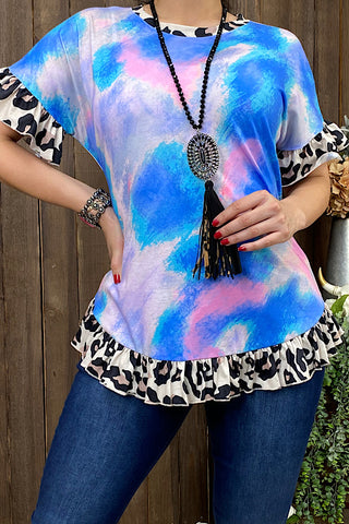 GJQ8711 Tie dye blouse w/leopard printed ruffle sleeves