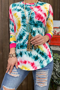 GJQ8989 Multi color spiral tie dye top w/3/4 sleeves