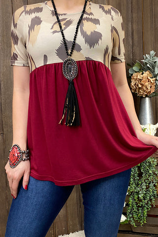 GJQ9795 Leopard printed/burgundy baby doll short sleeve blouse