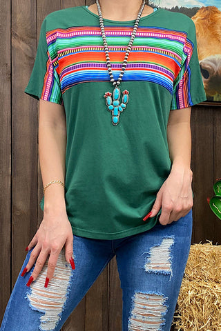 GJQ9937 Green short sleeve top w/multi color serape print