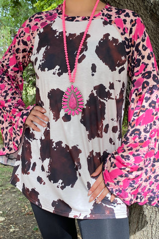 YMY14535 WESTERN COW PRINT T0P W/BELL LEOPARD PRINT SLEEVES