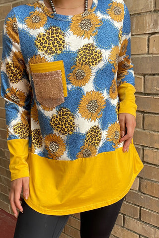 XCH10344 Blue & yellow sunflower printed long sleeve top w/sequin pocket