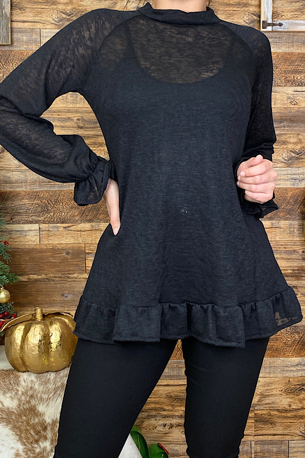 FW6169-2 Solid black ruffle top