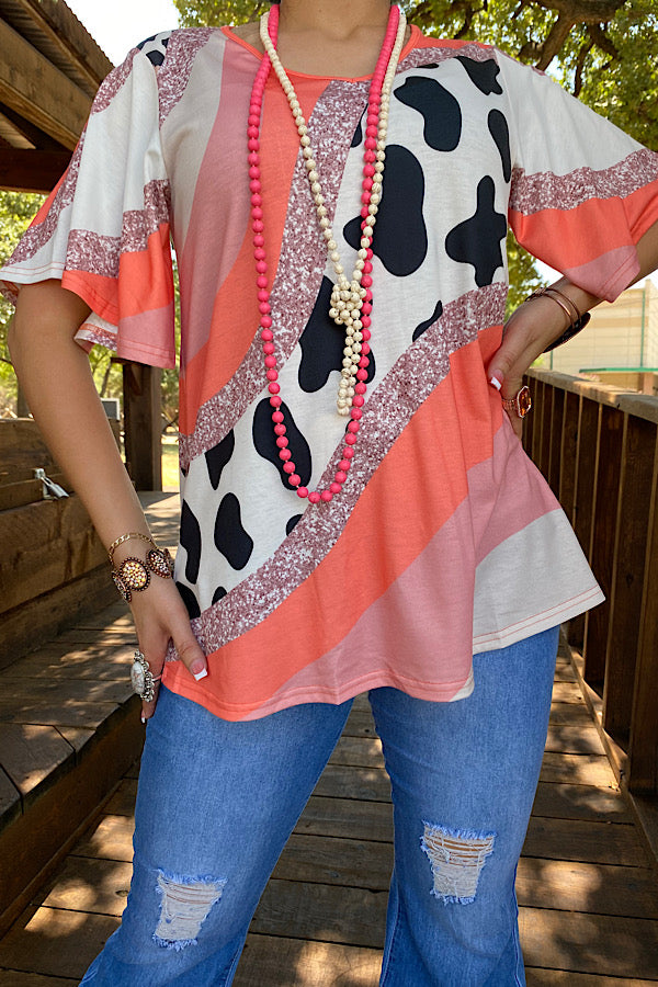 XCH13543 Orange & cow multi color block printed blouse