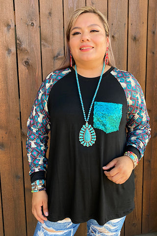 DLHDLH9843-2 BLACK TOP W/TURQUOISE SEQUIN FRONT POCKET AND REINDEER PRINTED L/S