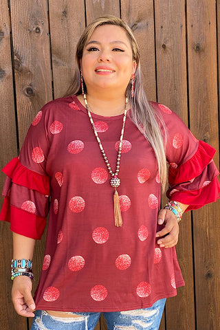 BURGUNDY POLKA DOT PRINTED BLOUSE     W/RUFFLE SLEEVE