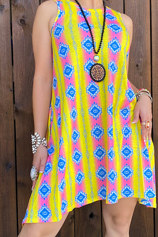 BQ10655 Yellow/pink tribal sleeveless dress w/pockets