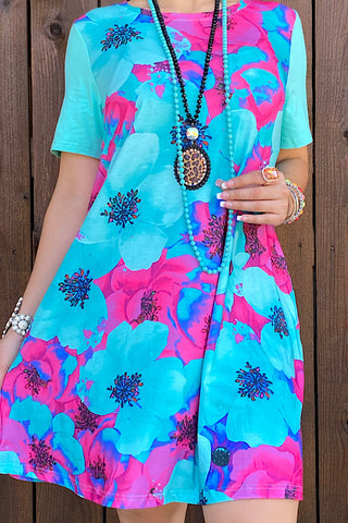 XCH13797 TURQUOISE & PINK FLORAL DRESS W/POCKETS