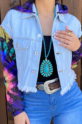 LW8197 Tye dye multicolor long sleeve denim jacket w/ hoodie