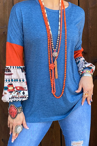 XCH10238 Blue blouse w/orange & Aztec bubble sleeves