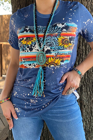 DLH12285 Navy blue serape & tooled printed t-shirt