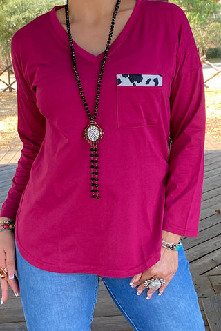 GJQ9792-1 Solid Fuchsia v-neck long sleeve top w/cow print front pocket