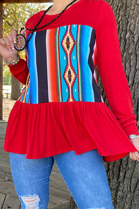 BQ10286 Red/Aztec long sleeve baby doll blouse