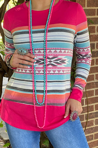 XCH10382-1 Fuchsia/Multi color block Aztec long sleeve top