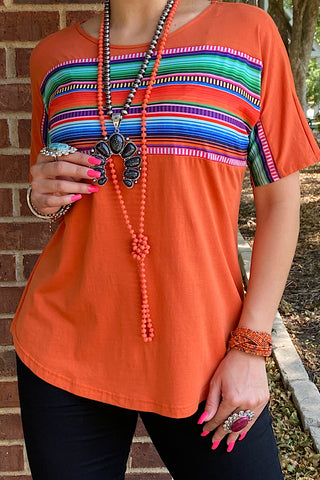 GJQ9938 Orange short sleeve top w/multi color serape print