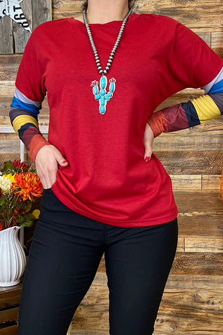 LW8514 Burgundy top w/multi color block sleeves