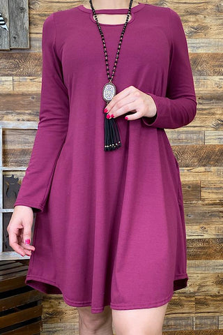 YMY5426B-1 Solid fuchsia purple long sleeve dress key hole neckline