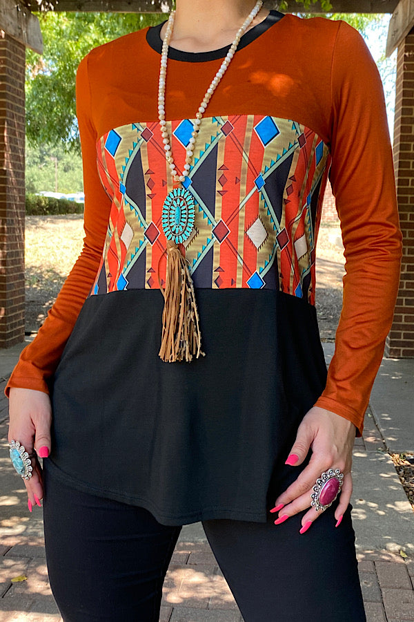 YMY9809 Rust Aztec color block long sleeve top